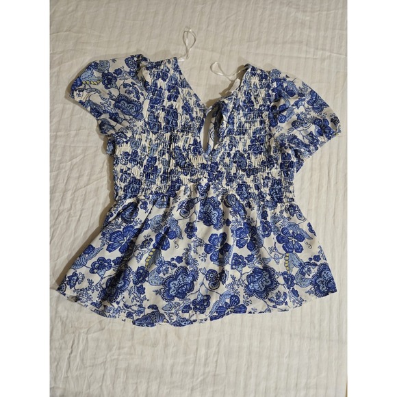 Sienna Rose Tops - Sienna Sky Blue Floral Tie Blouse, Womens L Open Back V Neck Free Shipping